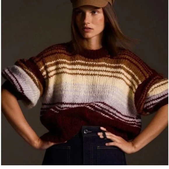 ZARA Wool Alpaca Chunky Knit Pullover Striped Sweater Burgundy Size Medium NWOT - Picture 2 of 11
